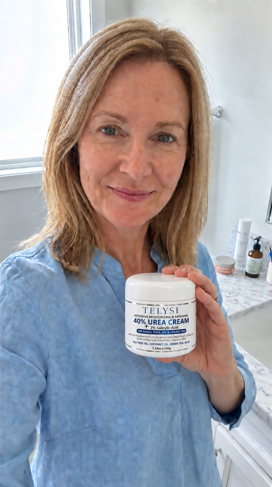 TELYSI cream packaging shown by a model