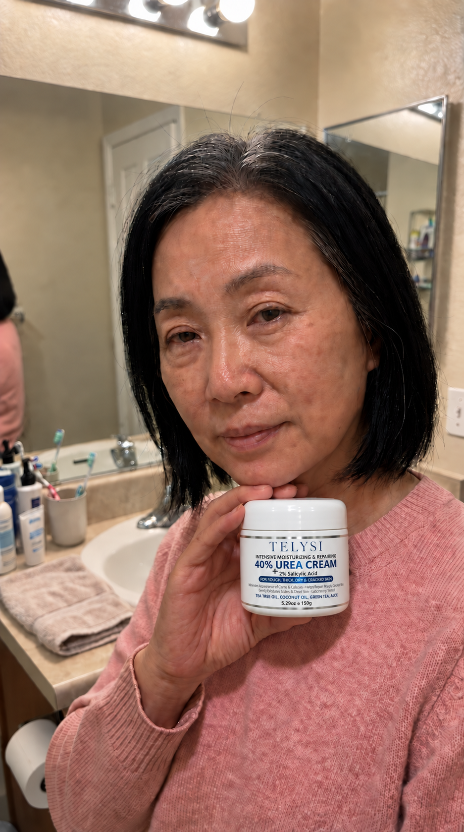 TELYSI cream packaging shown by a model